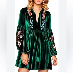 Asa Bohemian Vintage Embroidered Velvet Mini Dress • Emerald Green • S